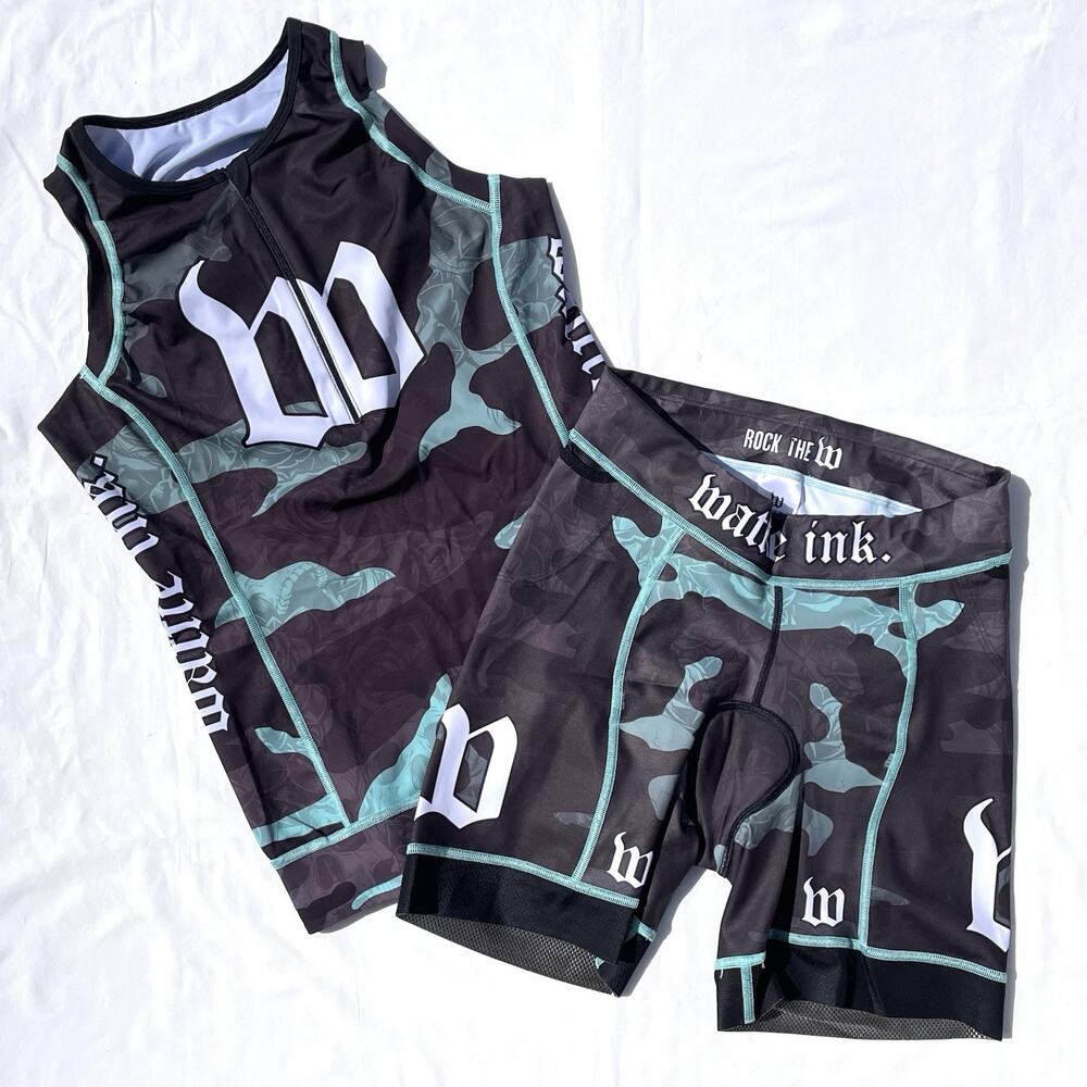 Wattie Ink Triathlon Top Shorts Set Womens XL Camo Skull Teal Black Tri Pockets